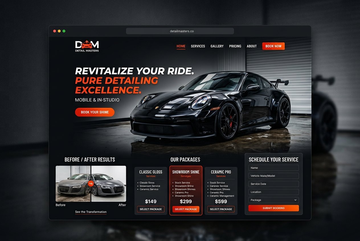 AutoHub — car detailing landing page with before-after gallery and package pricing by melee.cloud