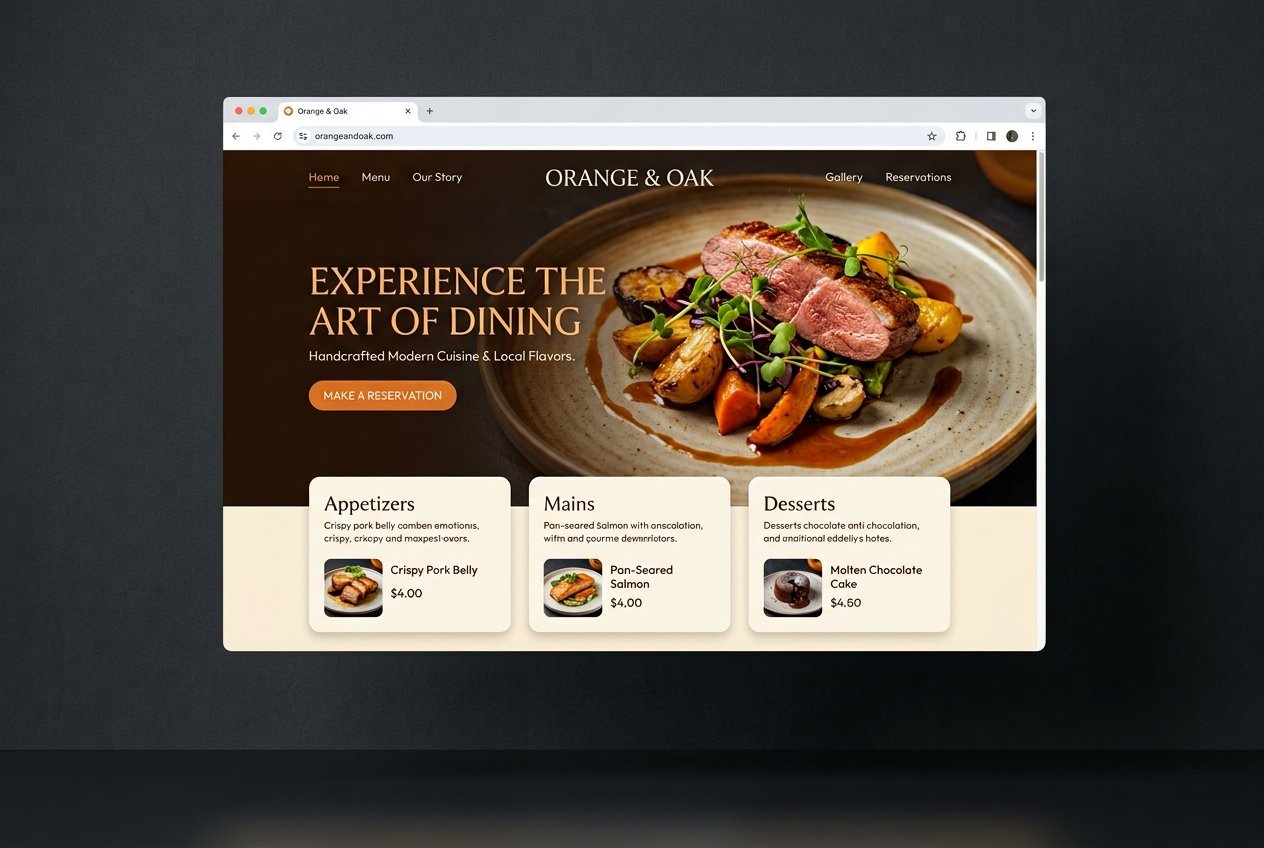 Orange & Oak — a modern restaurant website design with online reservations built by melee.cloud